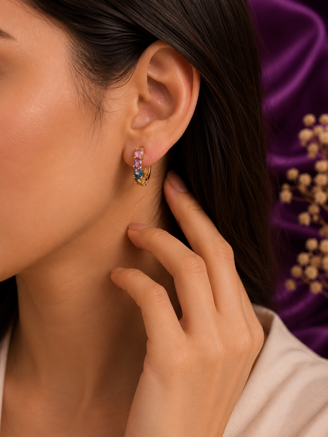 Rainbow Gemstone Huggie Hoop Earrings