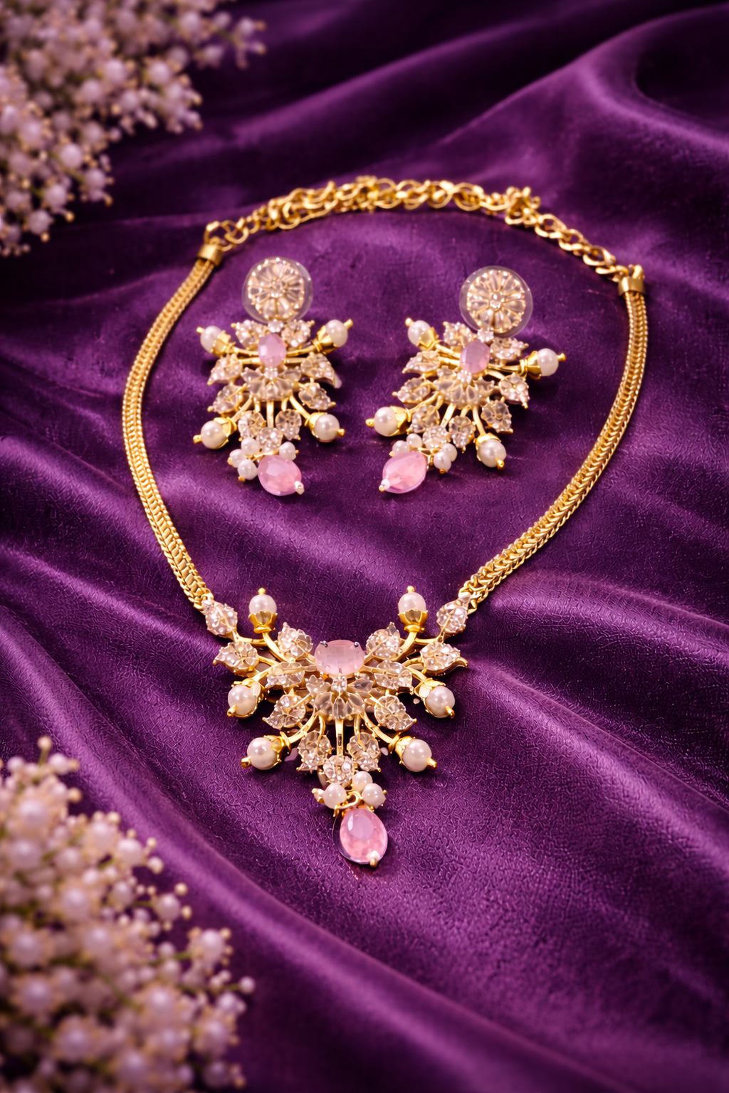 Pink Pearl & Crystal Floral Necklace Set