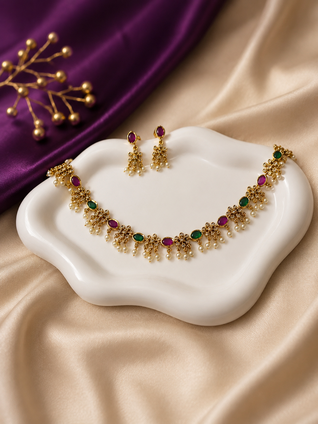 Gold Ruby Emerald Pearl Drop Traditional Necklace & Earring Set