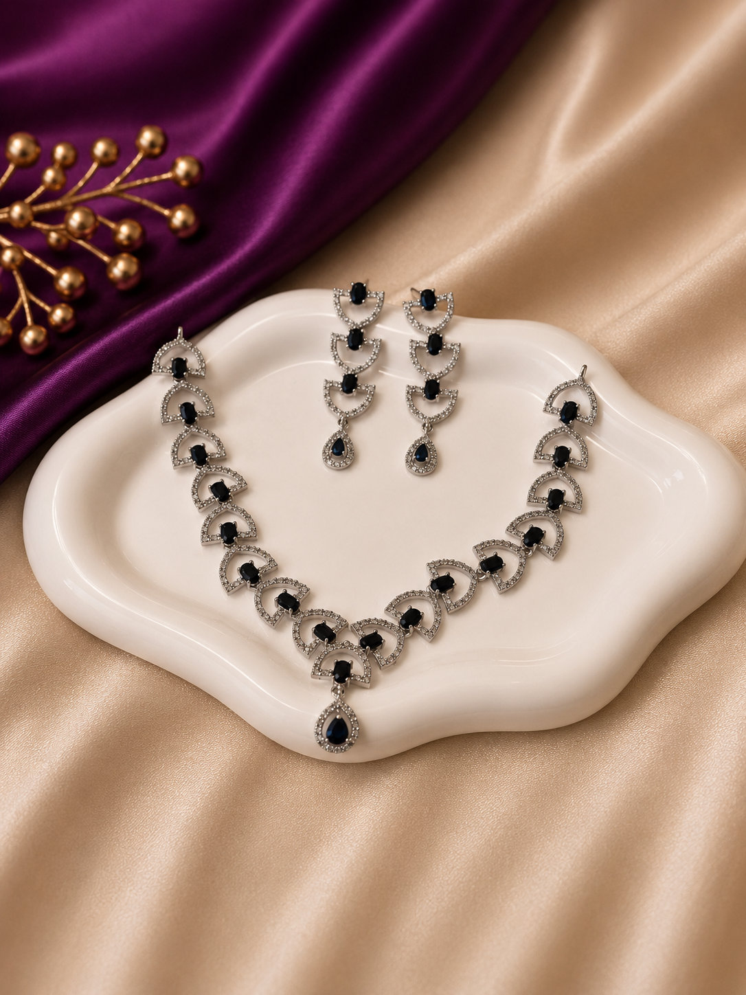 Silver Black CZ Fan Drop Necklace & Earring Set