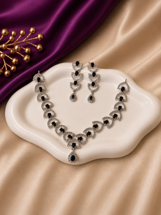 Silver Black CZ Fan Drop Necklace & Earring Set