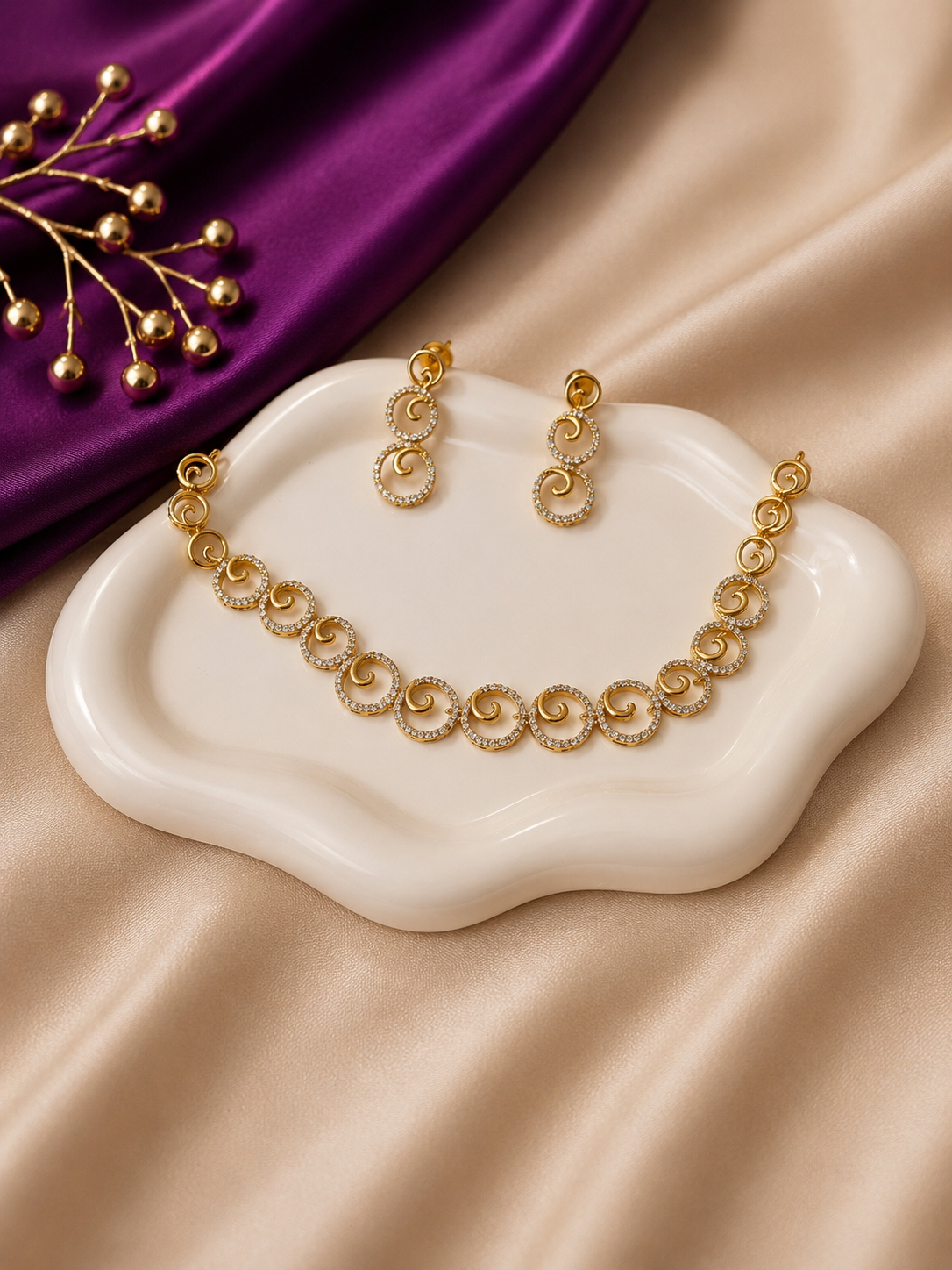 Gold CZ Swirl Circle Necklace & Earring Set