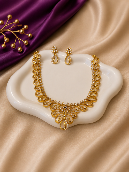 Gold CZ Leaf Petal Floral Necklace & Earring Set