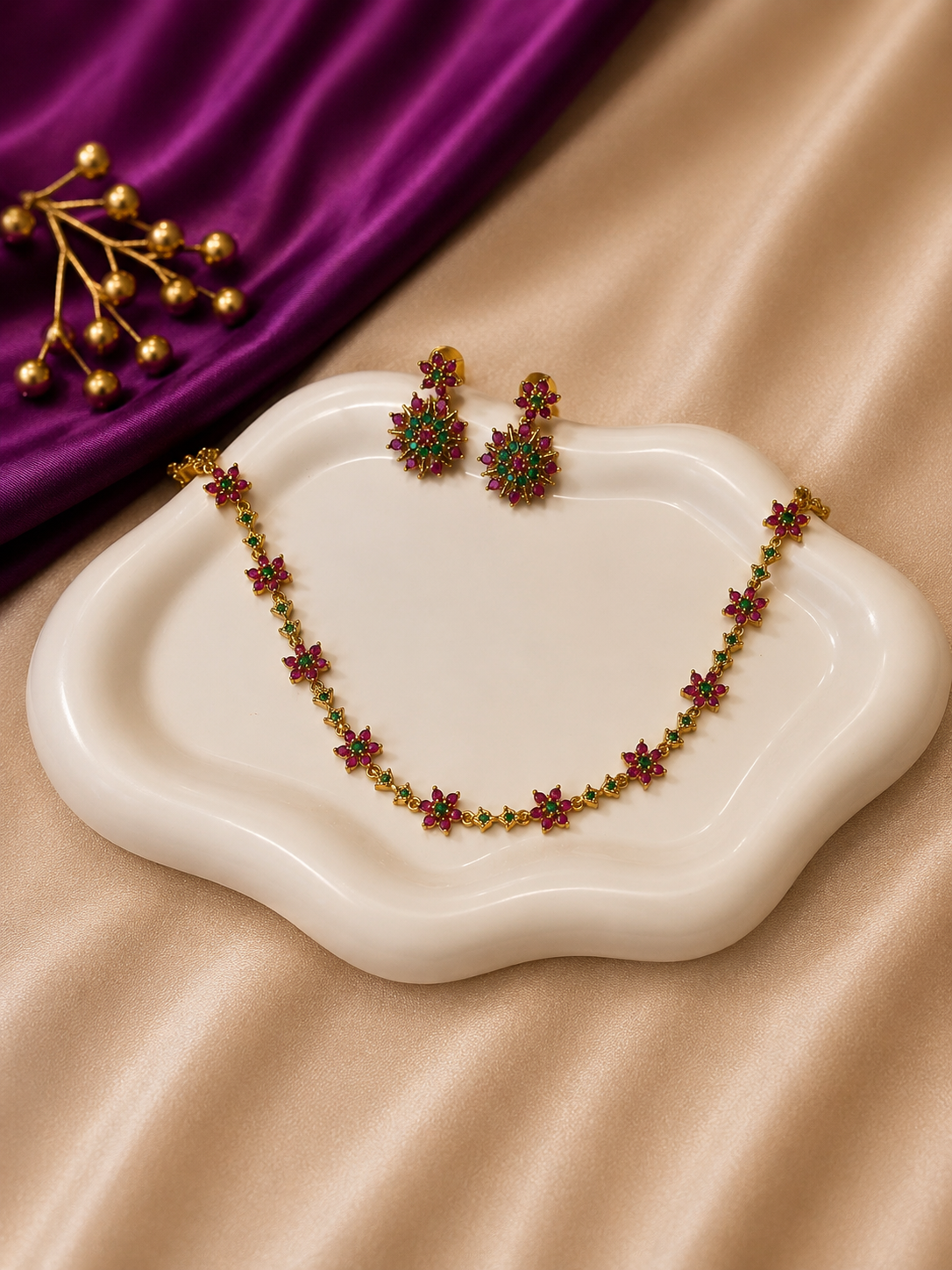 Gold Ruby Emerald CZ Floral Tennis Necklace & Earring Set