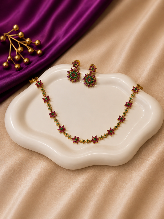 Gold Ruby Emerald CZ Floral Tennis Necklace & Earring Set