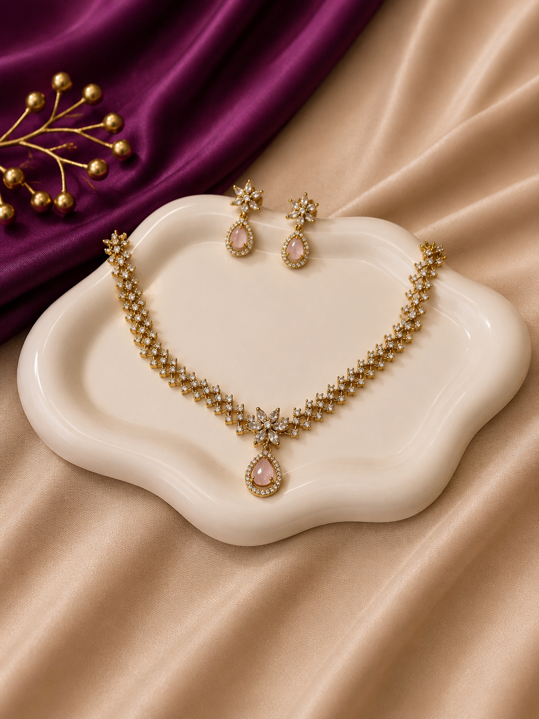 Gold CZ Floral Rose Quartz Teardrop Necklace & Earring Set