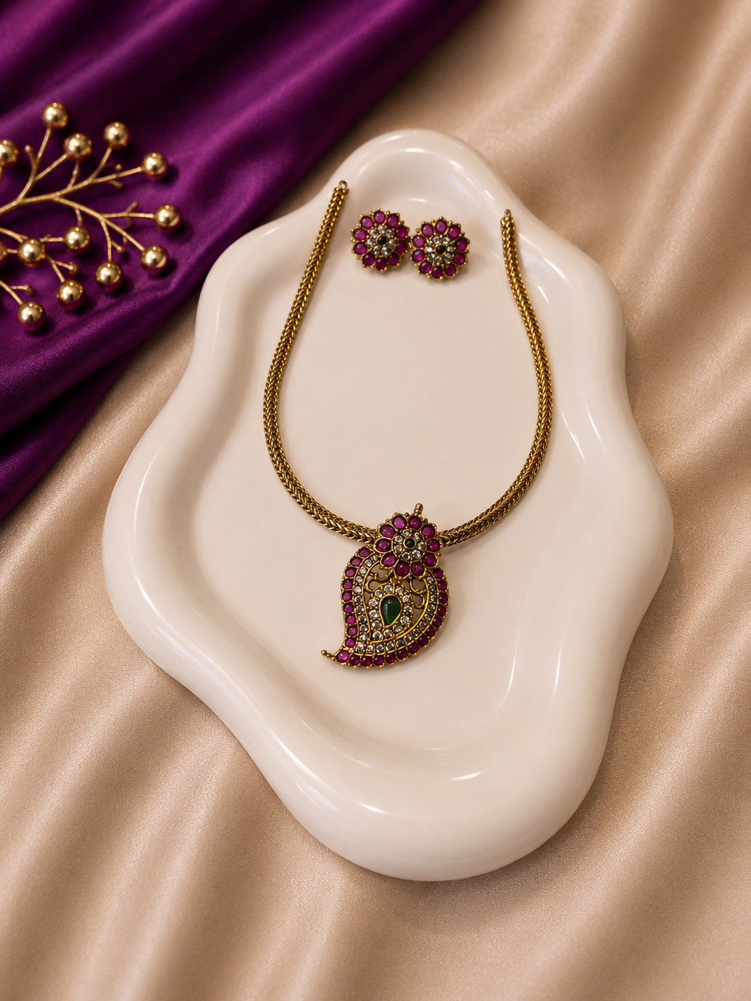 Antique Gold Ruby CZ Paisley Pendant Necklace & Earring Set