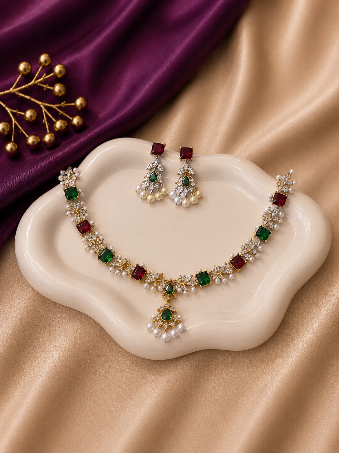 Gold Ruby Emerald CZ Pearl Tassel Necklace & Earring Set