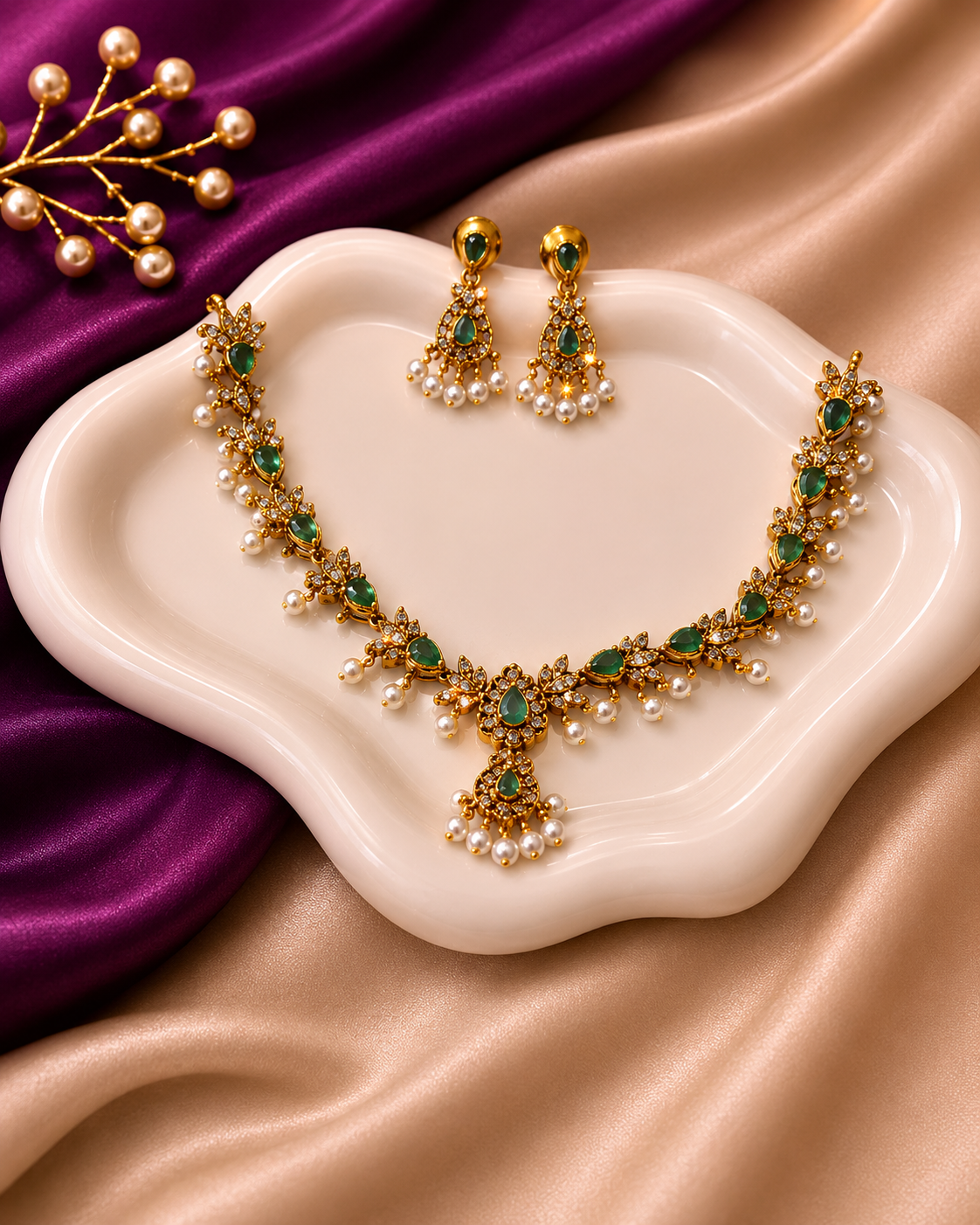 Antique Gold Emerald CZ Pearl Tassel Necklace & Earring Set