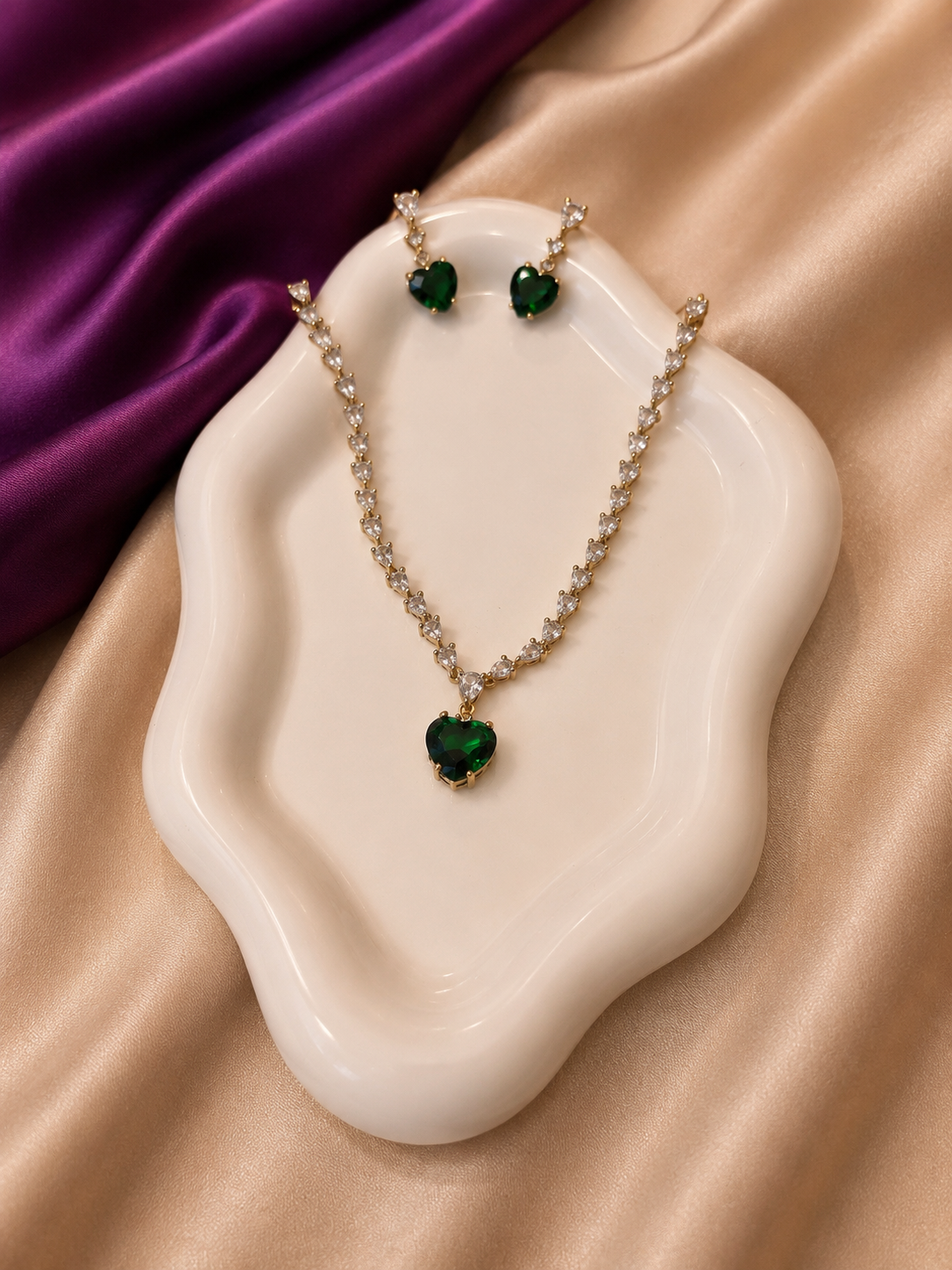 Gold CZ Tennis Emerald Heart Pendant Necklace & Earring Set