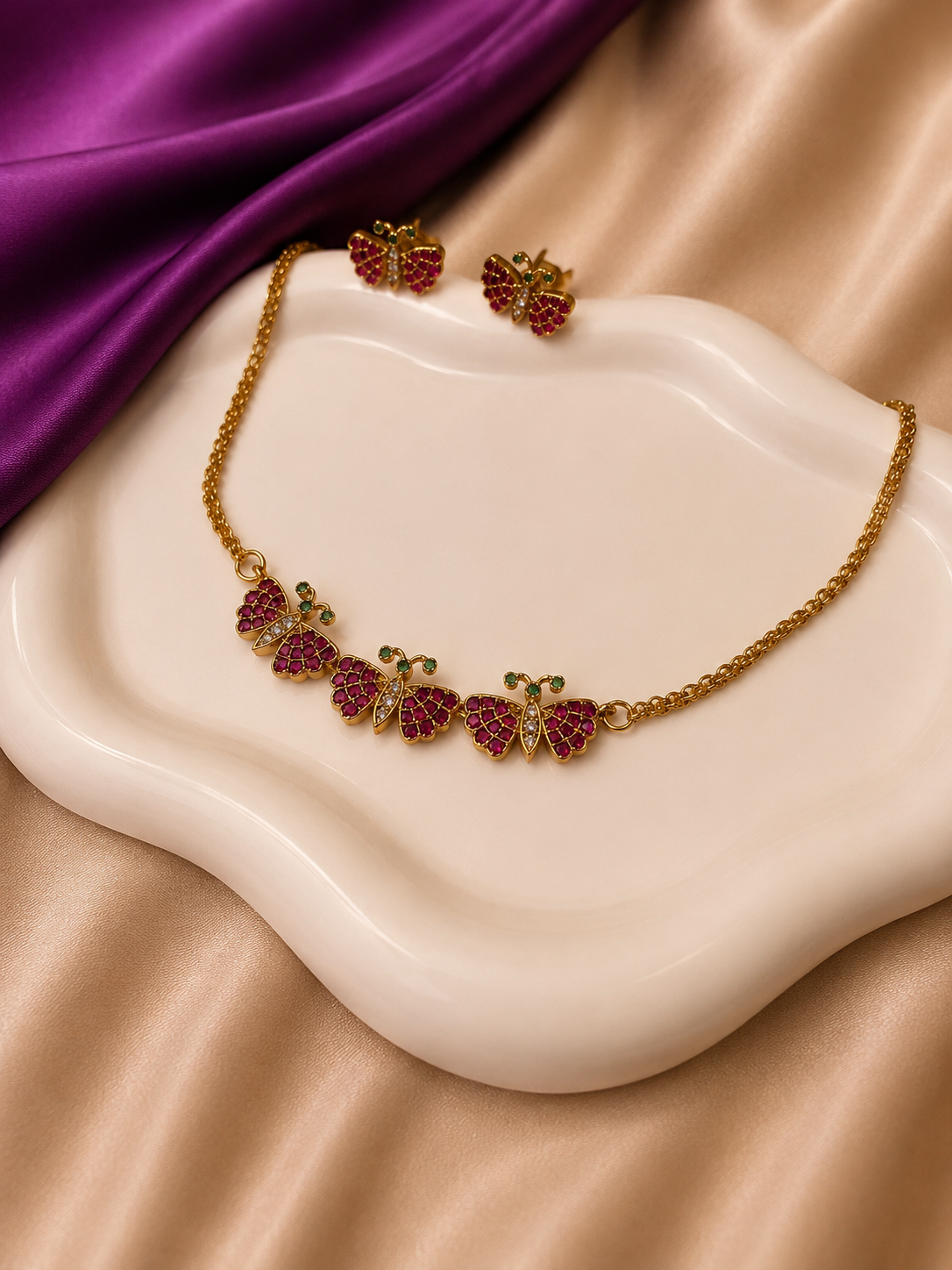 Gold Ruby CZ Butterfly Station Necklace & Earring Set
