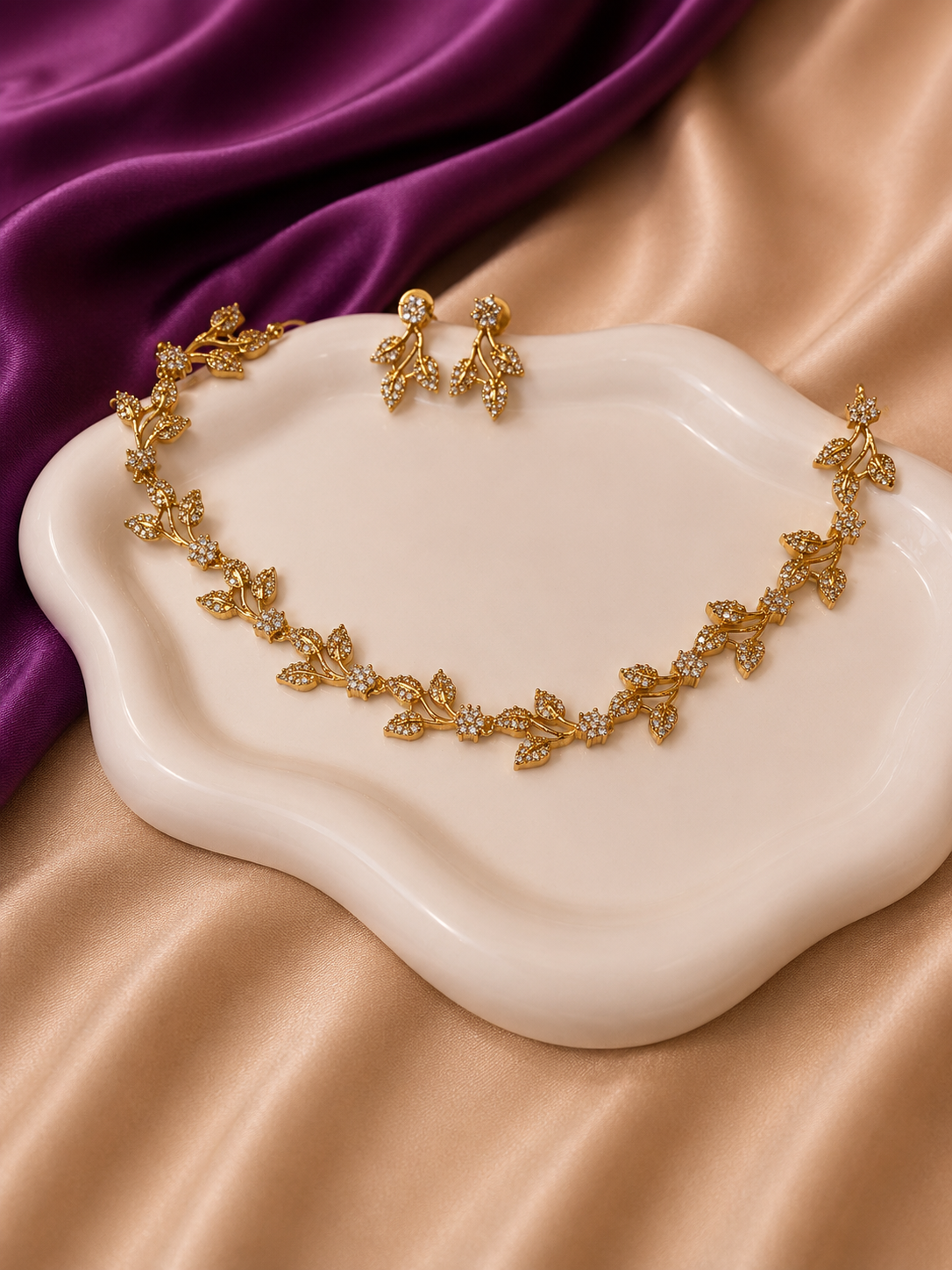 Gold CZ Olive Leaf Vine Necklace & Earring Set