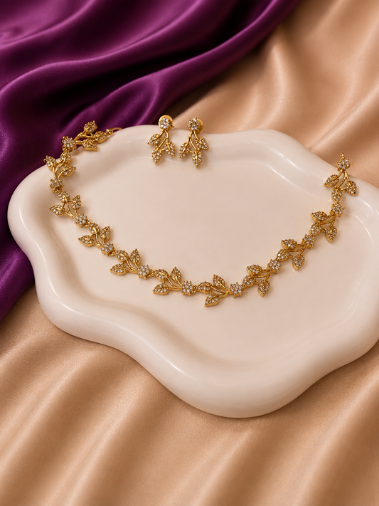 Gold CZ Olive Leaf Vine Necklace & Earring Set