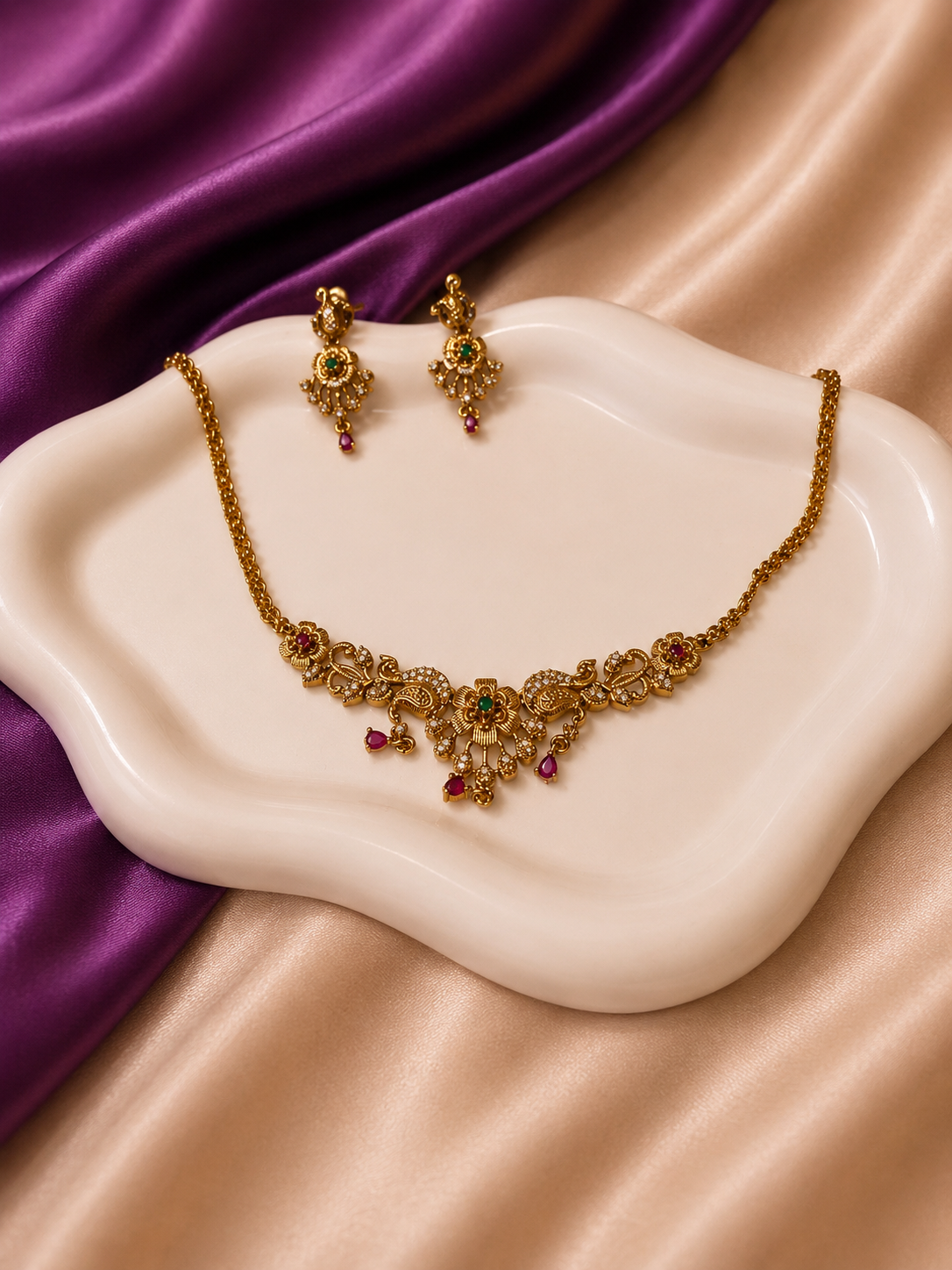 Antique Gold Peacock Ruby Emerald CZ Necklace & Earring Set