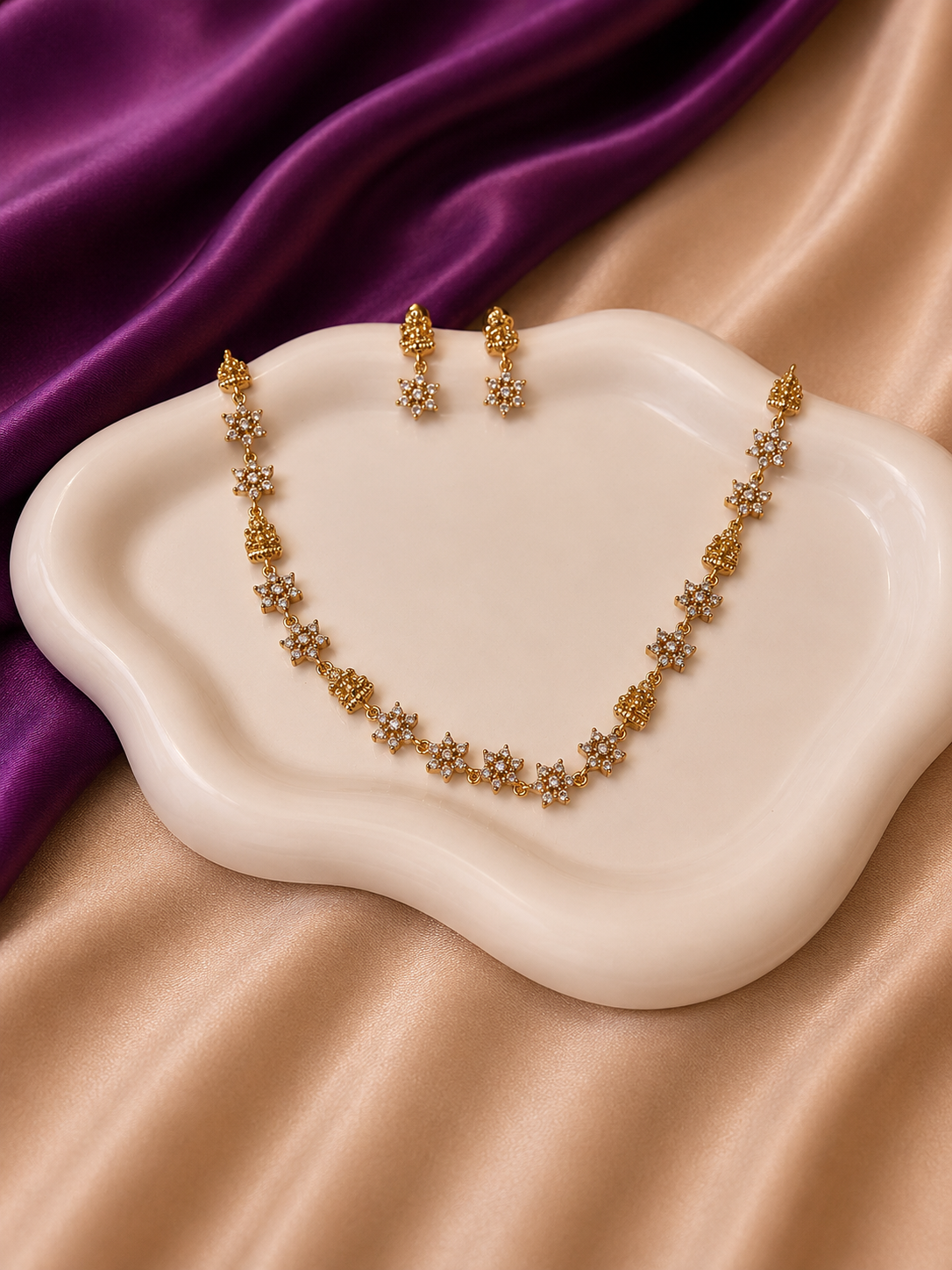 Gold CZ Snowflake Jhumka Station Necklace & Earring Set