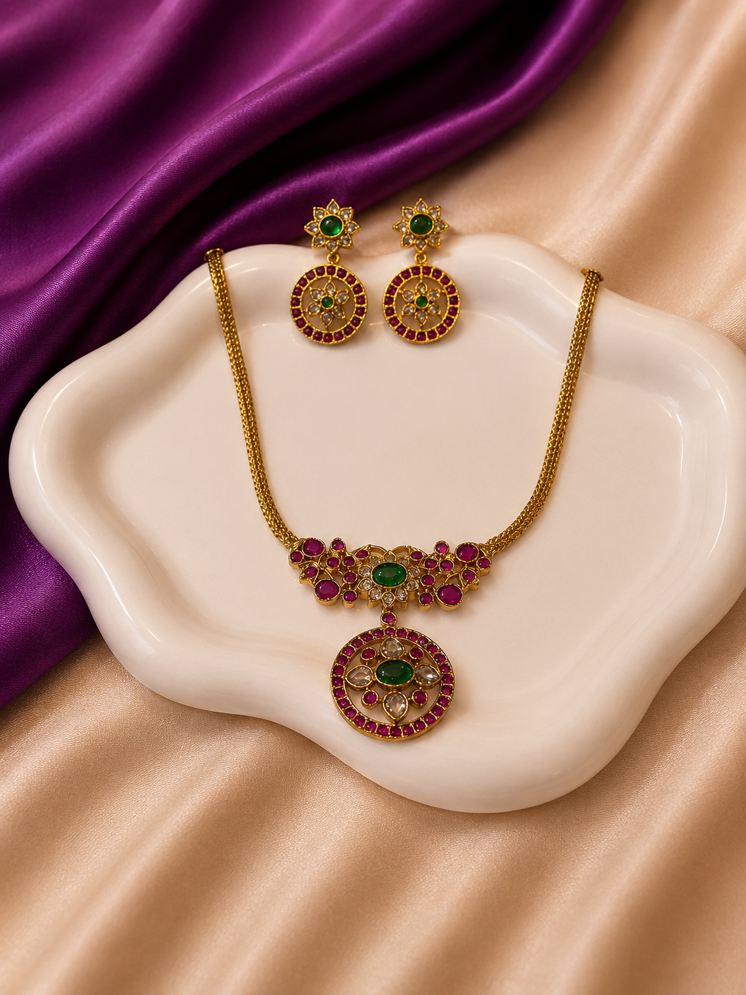 Antique Gold Ruby Emerald Kundan Circle Pendant Necklace & Earring Set