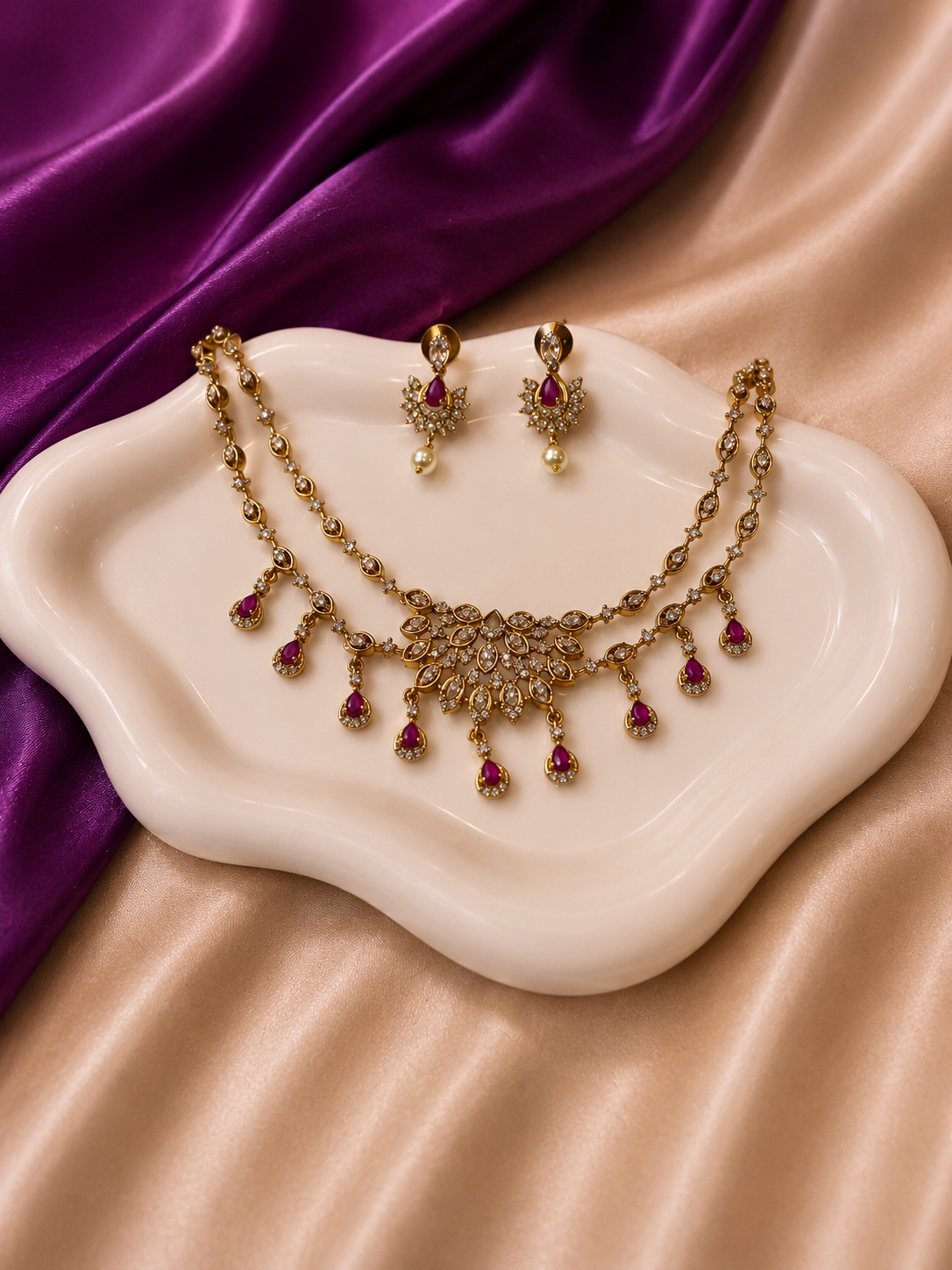 Gold CZ Ruby Teardrop Fringe Necklace & Earring Set