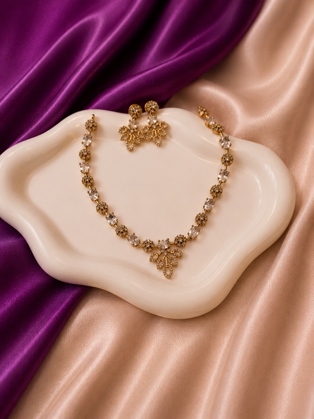 Antique Gold CZ Floral Oval Station Necklace & Earring Set