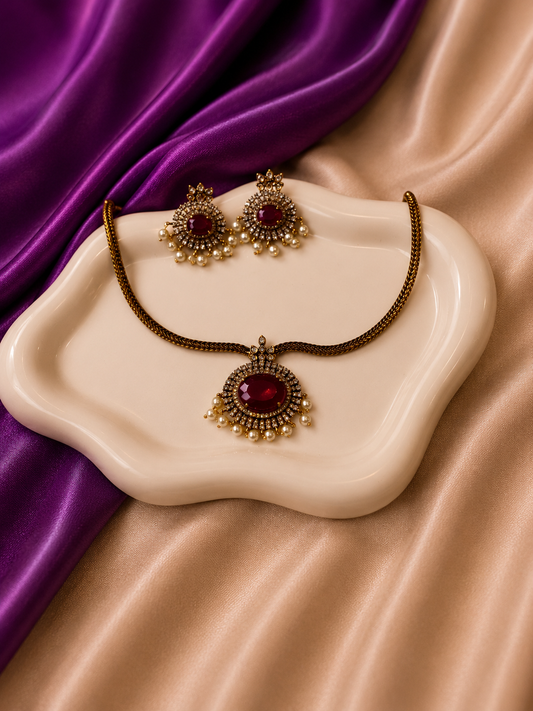 Antique Gold Ruby Oval Pearl Fringe Pendant Necklace & Earring Set
