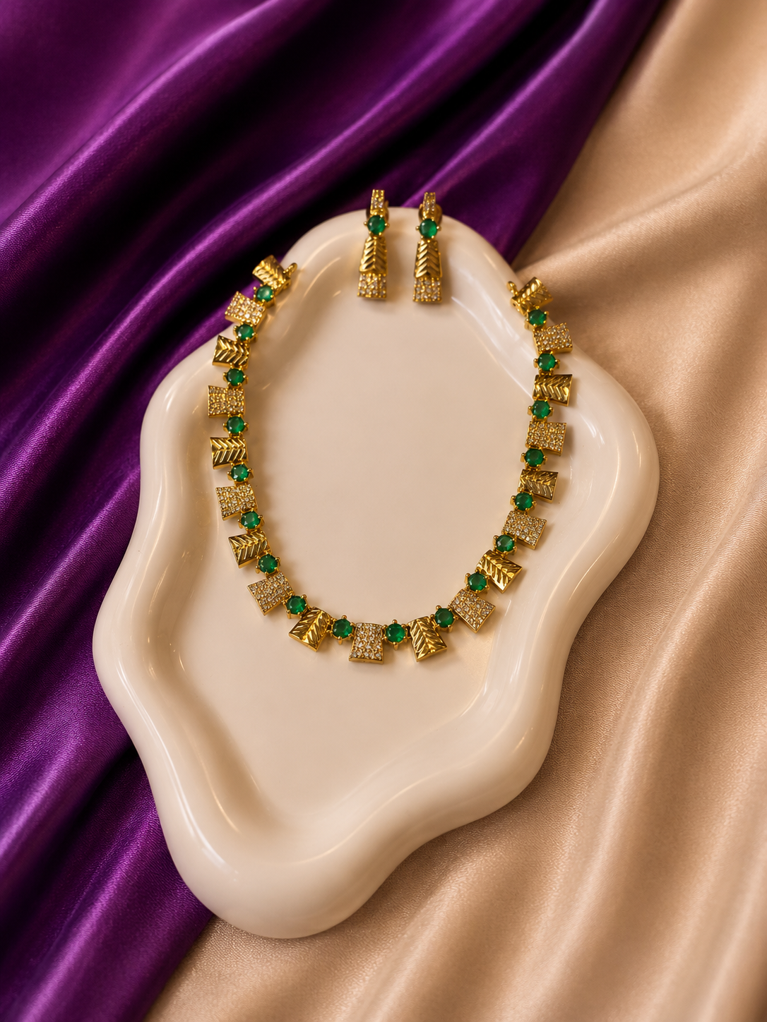 Gold Emerald CZ Geometric Chevron Necklace & Earring Set