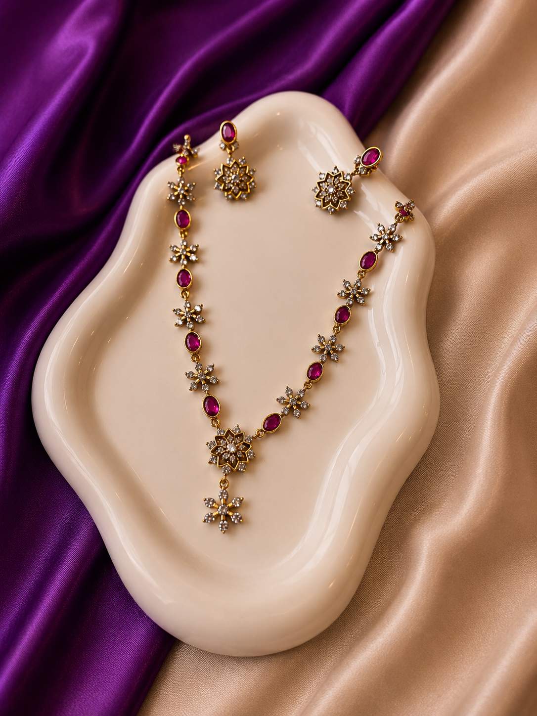 Antique Gold Ruby CZ Snowflake & Oval Station Long Necklace & Earring Set