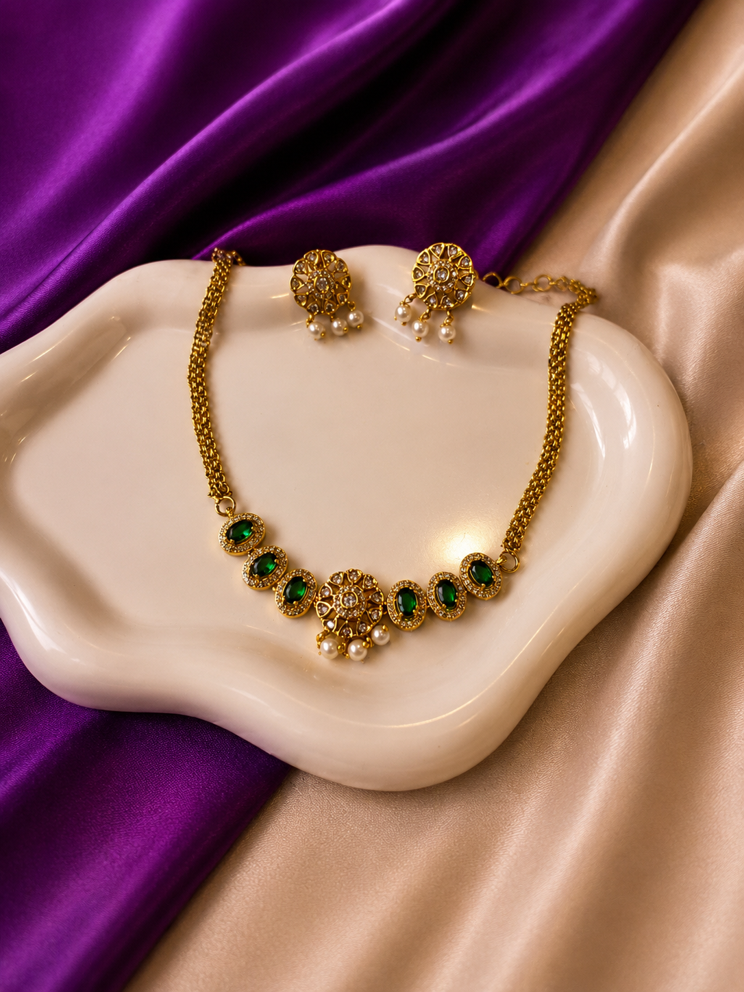 Antique Gold Emerald CZ Oval & Pearl Filigree Necklace & Earring Set