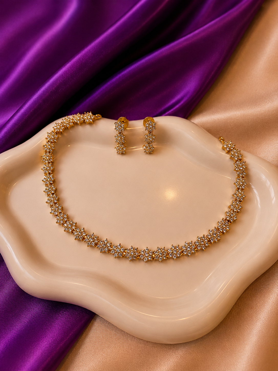 Gold CZ Floral Cluster Tennis Necklace & Earring Set