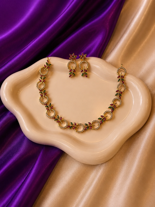 Gold Multicolour CZ Circle & Floral Vine Necklace & Earring Set