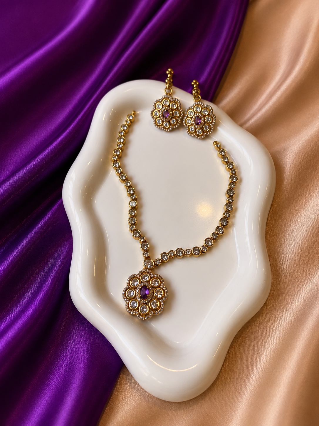 Gold CZ Amethyst Floral Medallion Pendant Necklace & Earring Set