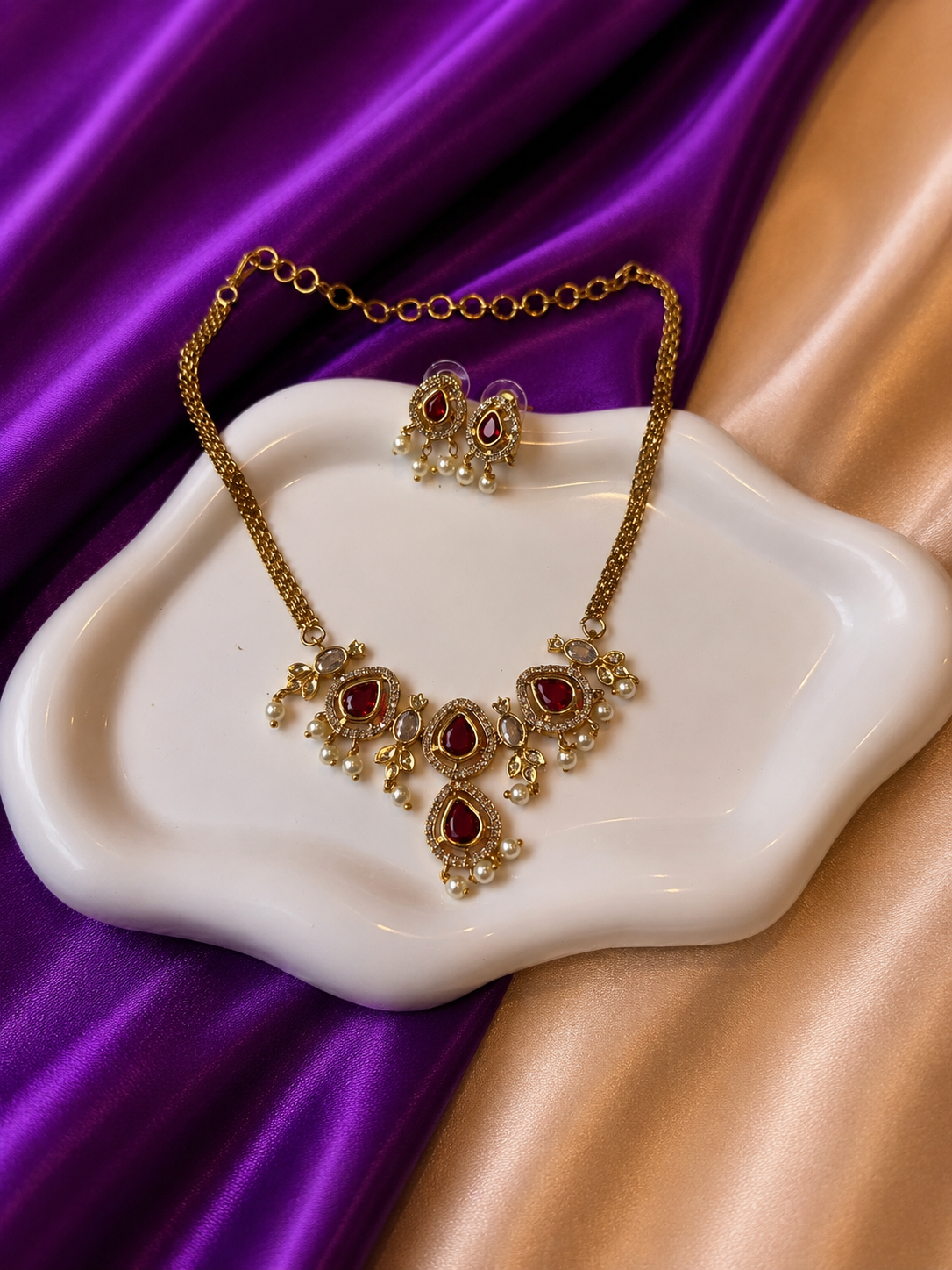 Antique Gold Ruby Kundan Teardrop Pearl Necklace & Earring Set