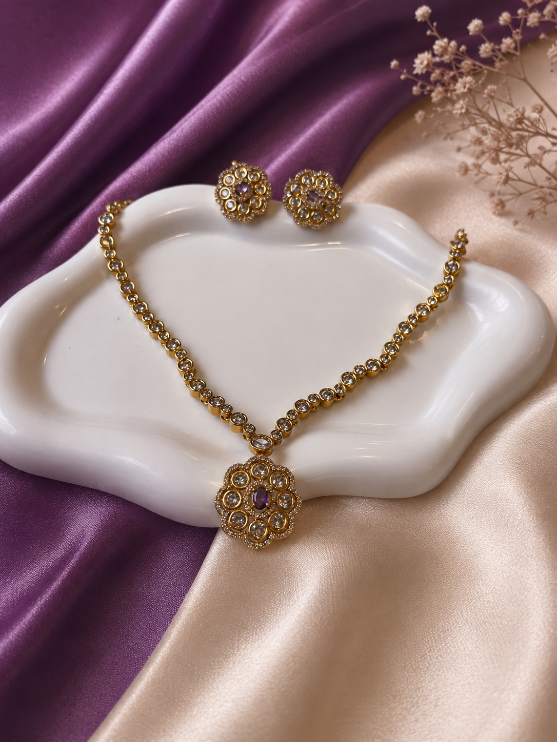 Gold CZ Amethyst Floral Dome Pendant Tennis Necklace & Earring Set