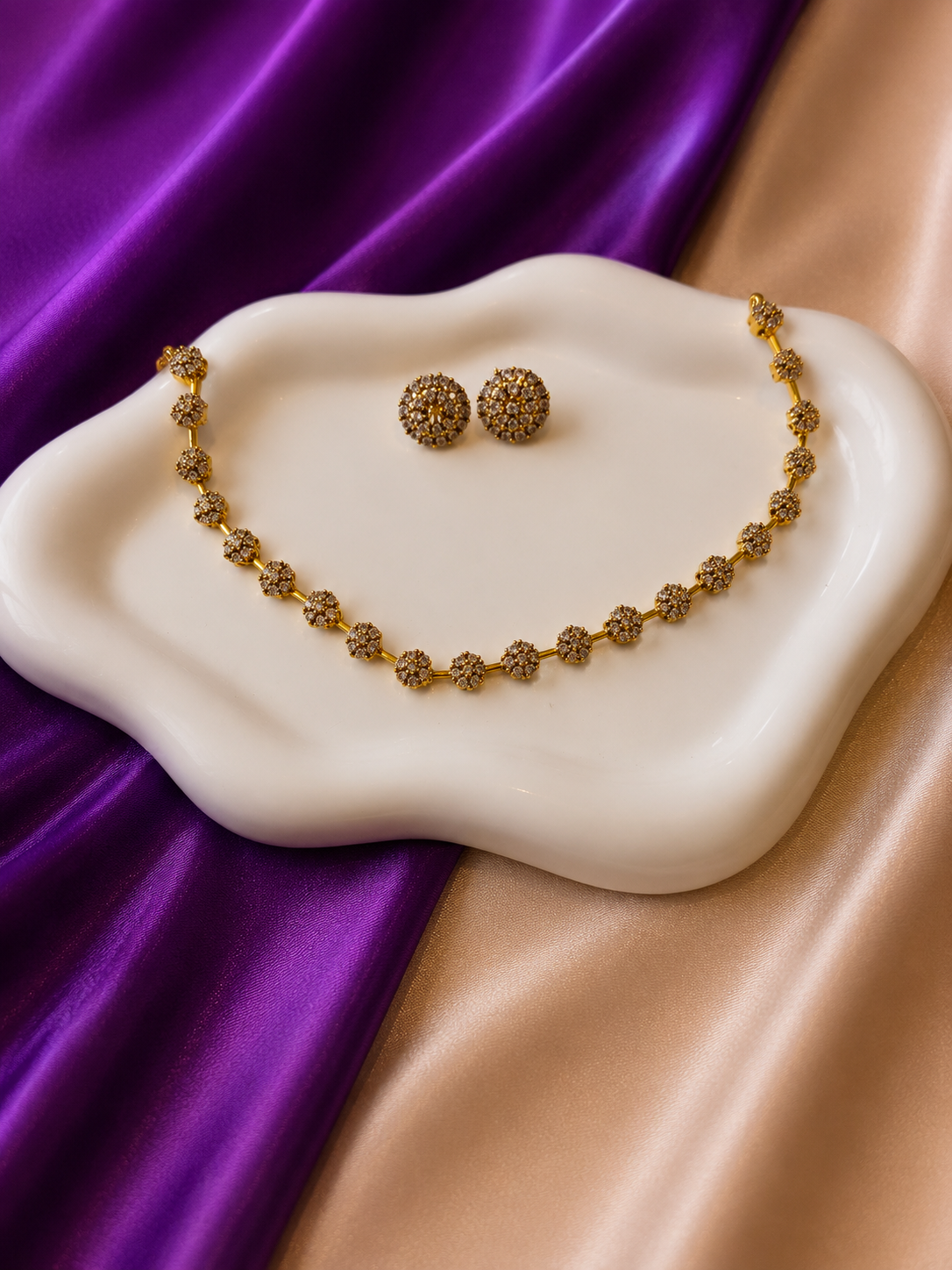 Gold Champagne CZ Ball Cluster Station Necklace & Earring Set