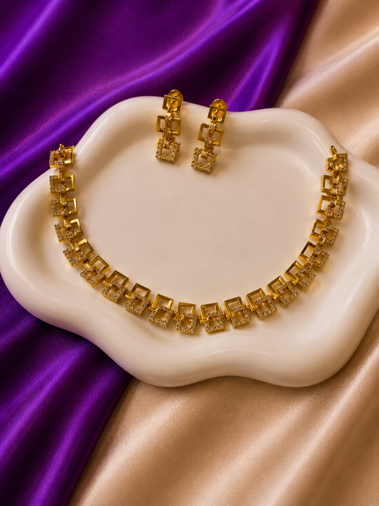 Gold CZ Open Square Link Collar Necklace & Earring Set