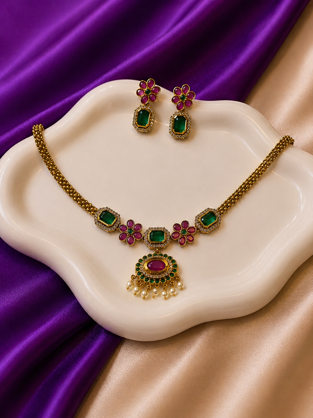 Antique Gold Ruby Emerald CZ Floral & Pearl Pendant Necklace & Earring Set