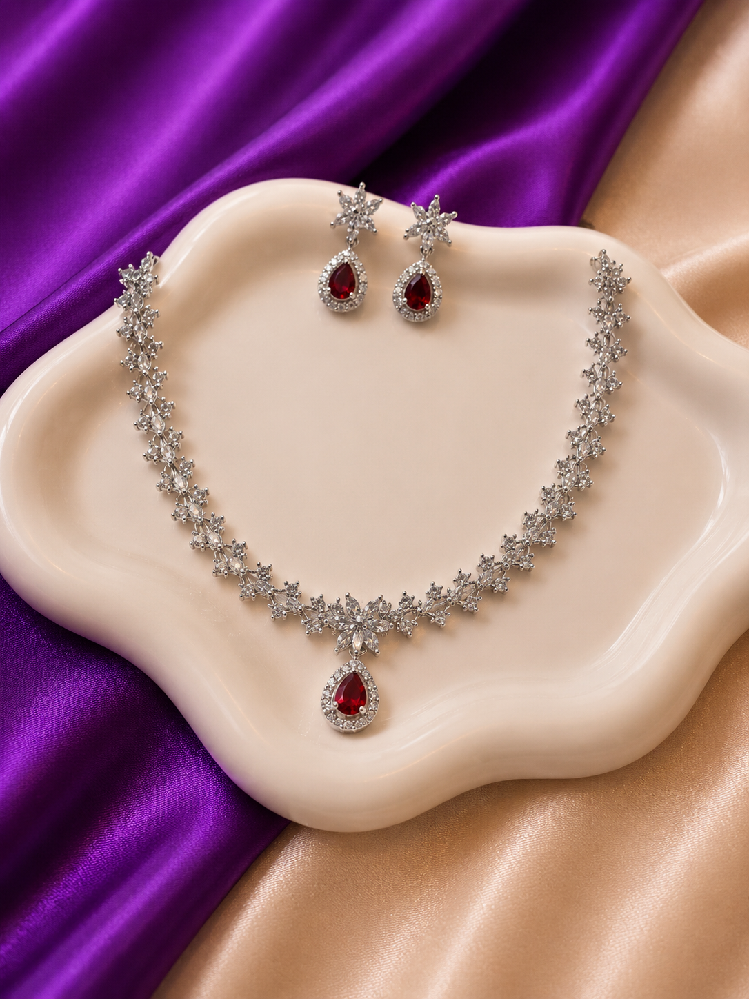 Silver CZ Marquise Leaf Vine & Ruby Teardrop Necklace & Earring Set