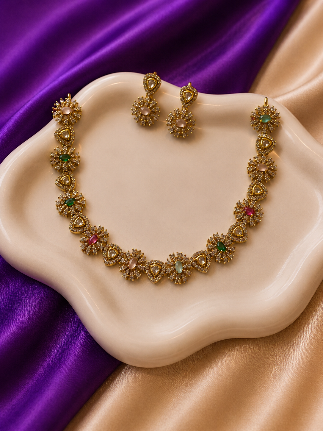 Antique Gold Polki CZ Multicolour Gemstone Floral Necklace & Earring Set