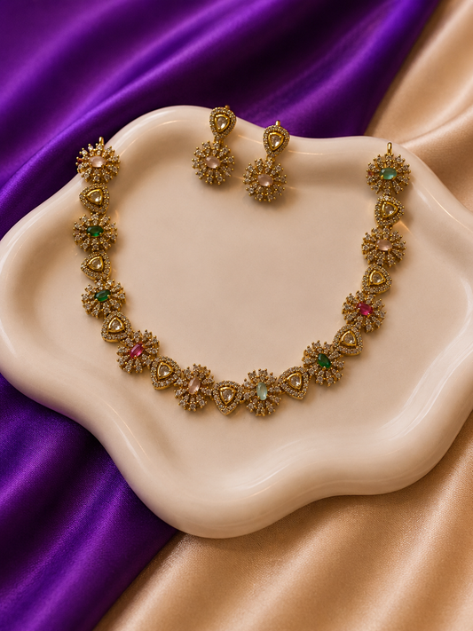 Antique Gold Polki CZ Multicolour Gemstone Floral Necklace & Earring Set