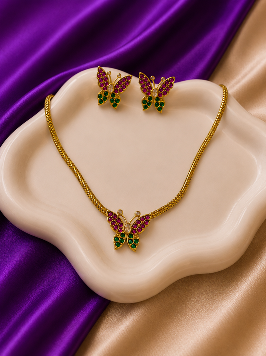 Gold Ruby Emerald CZ Butterfly Pendant Necklace & Earring Set