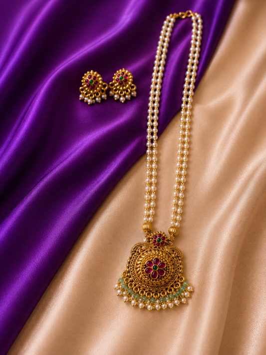 Antique Gold Ruby Emerald Kundan Circular Pendant Double Pearl Strand Long Necklace & Earring Set