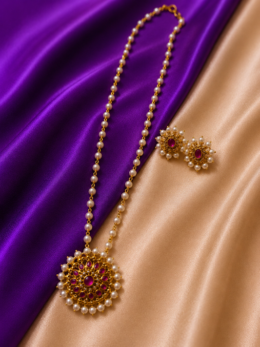 Antique Gold Ruby CZ Sunburst Pearl Strand Long Necklace & Earring Set