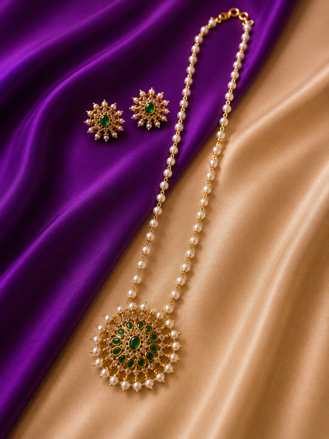 Antique Gold Emerald CZ Sunburst Pearl Strand Long Necklace & Earring Set