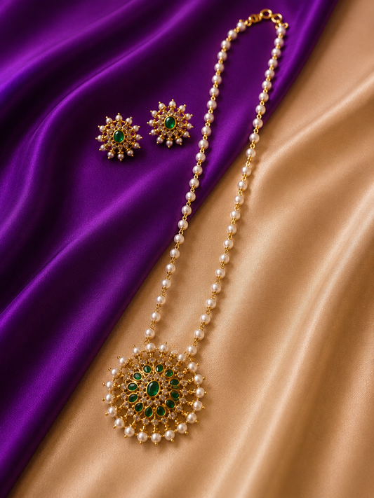 Antique Gold Emerald CZ Sunburst Pearl Strand Long Necklace & Earring Set