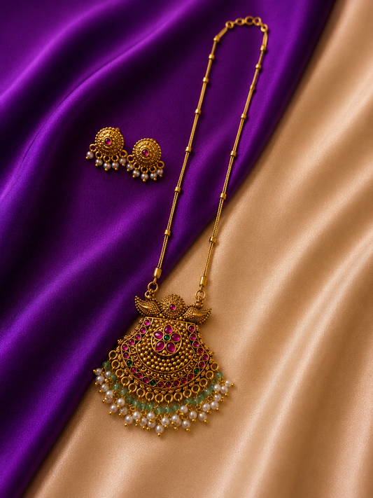 Antique Gold Ruby Emerald Kundan Peacock Cap Fan Pendant Gold Bead Chain Long Necklace & Earring Set