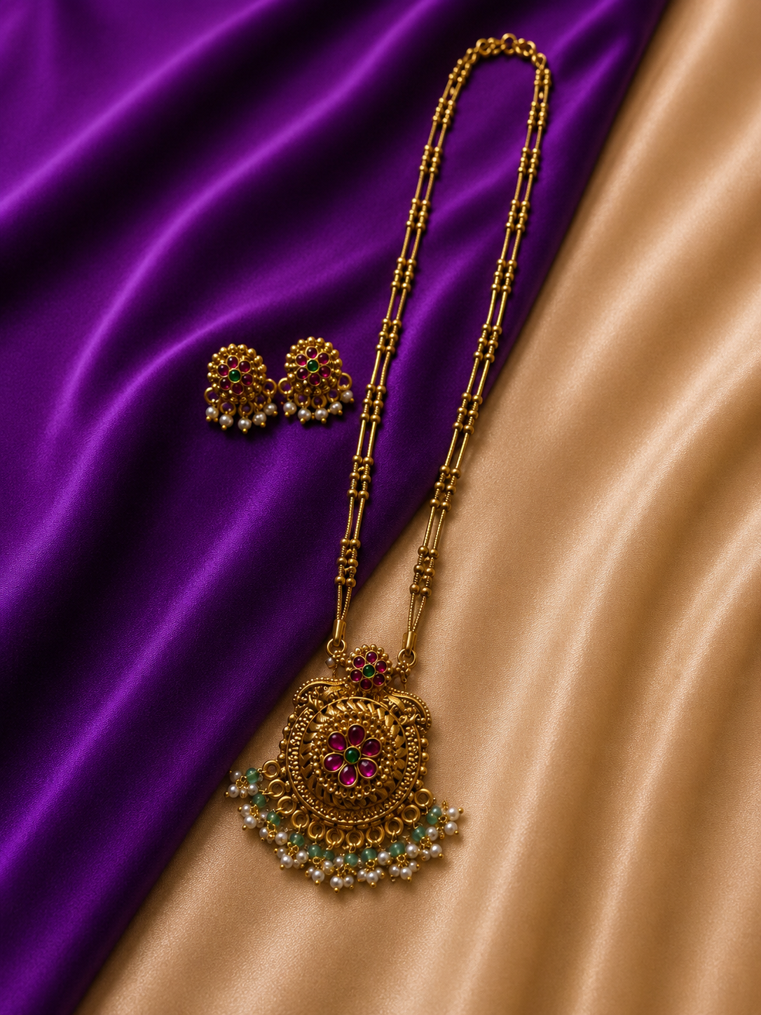 Antique Gold Ruby Emerald Kundan Peacock Circular Pendant Gold Bar Chain Long Necklace & Earring Set