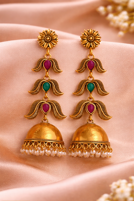 Navratna Temple Jhumka Earrings