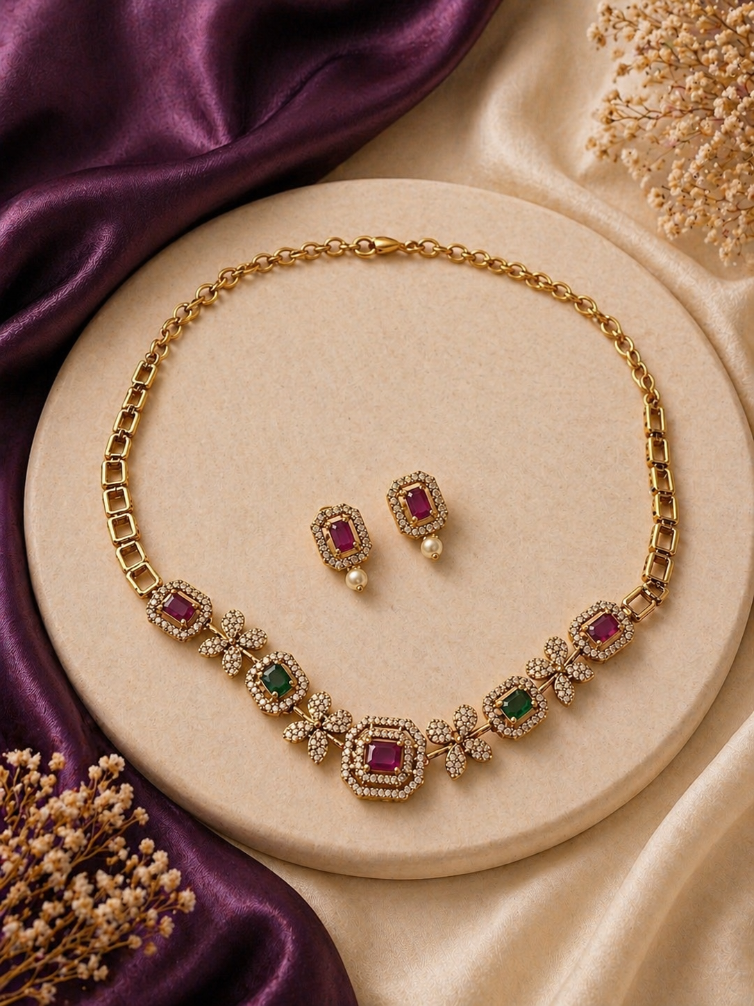 Gold Ruby Emerald Crystal  Necklace Set