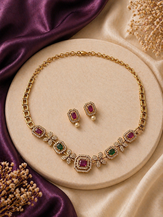 Gold Ruby Emerald Crystal  Necklace Set