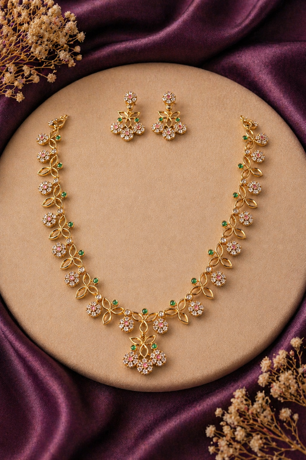 Gold Marquise Leaf & Crystal Flower Necklace Set