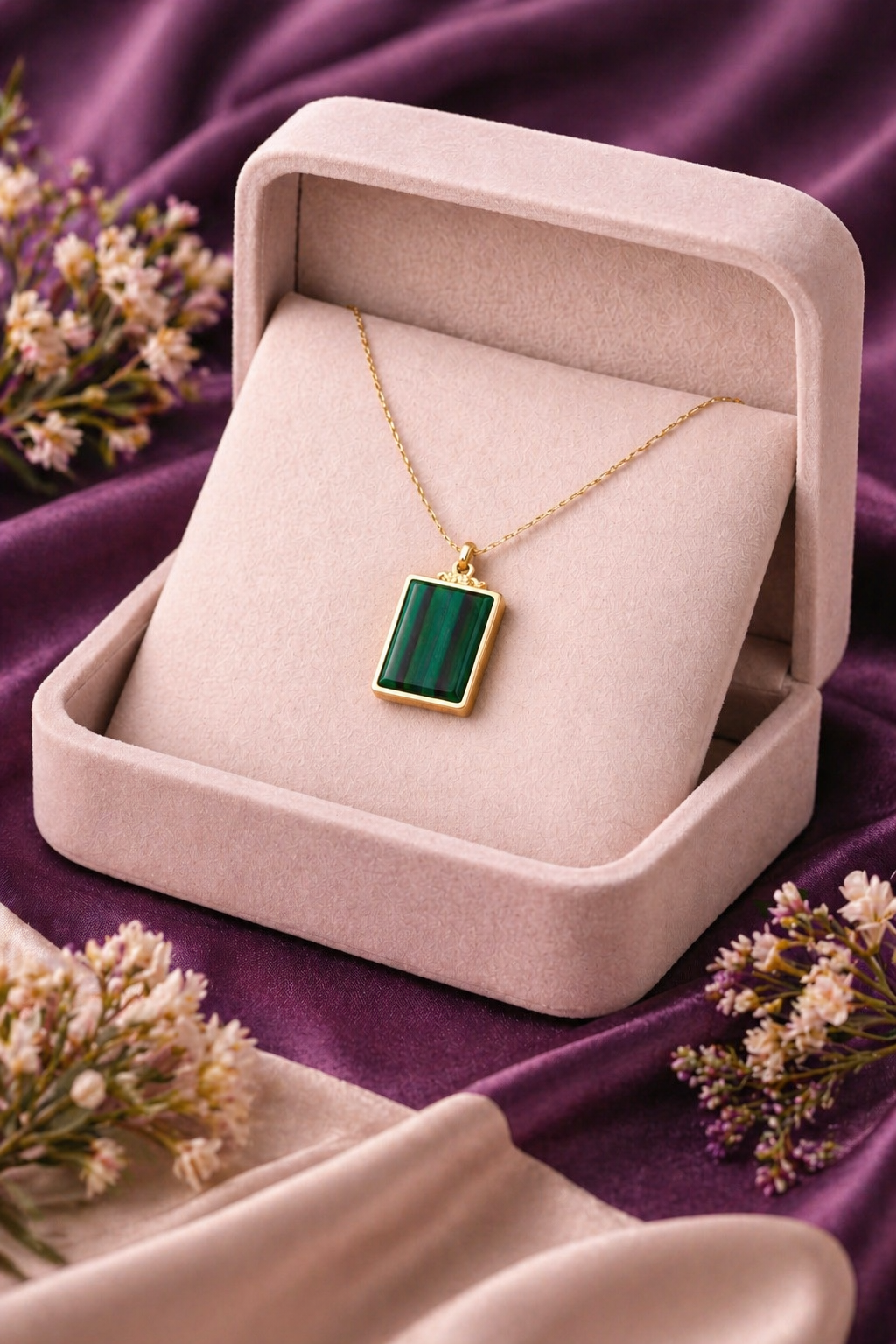 Gold Cable Chain Malachite Rectangle Pendant Necklace