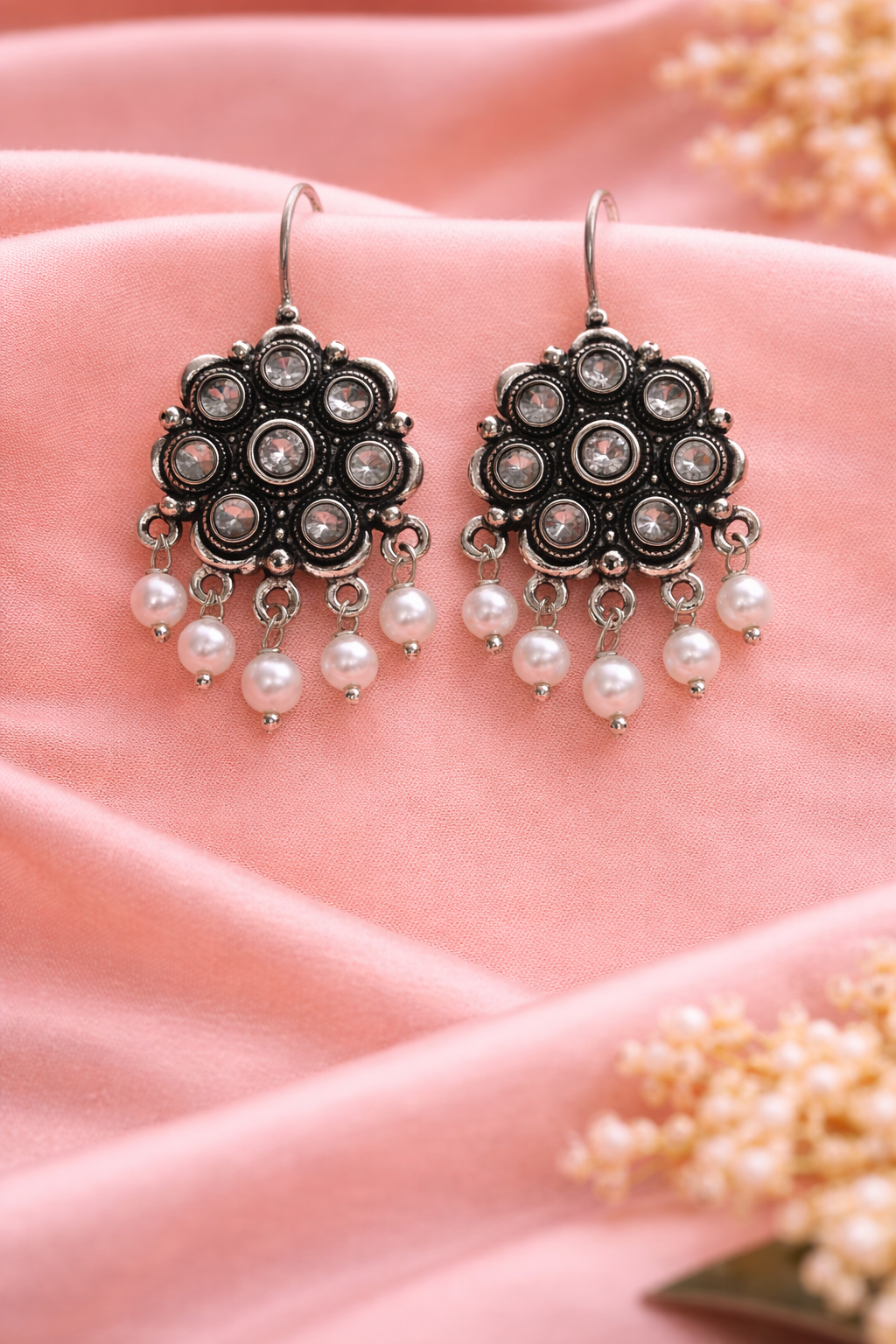 Pearl Cluster Silver Drops Earrings
